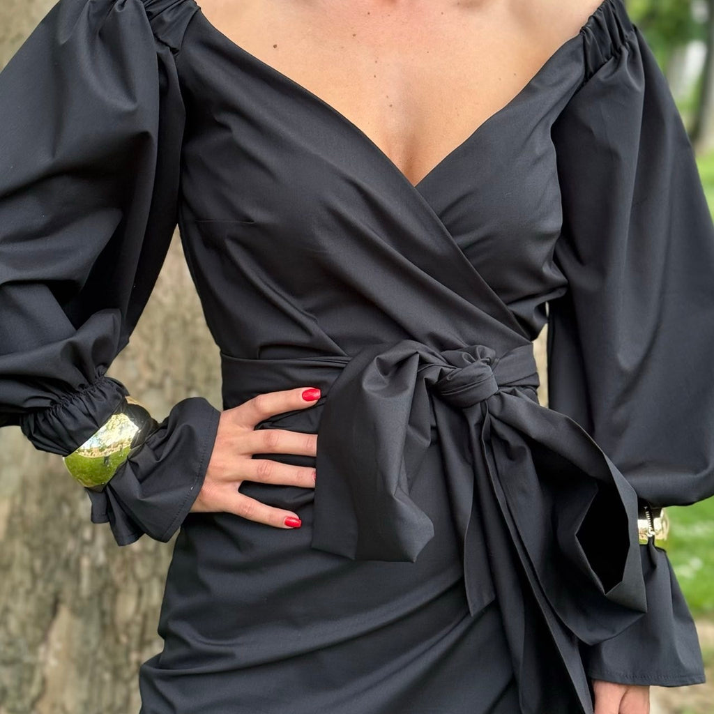 black off the shoulder wrap dress with long sleeves black off the shoulder wrap dress with long sleeves