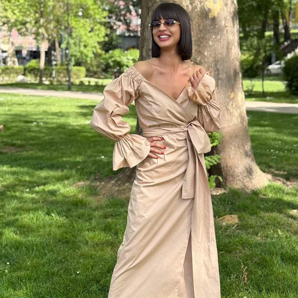 beige off shoulder maxi dress in park beige off shoulder maxi dress in park