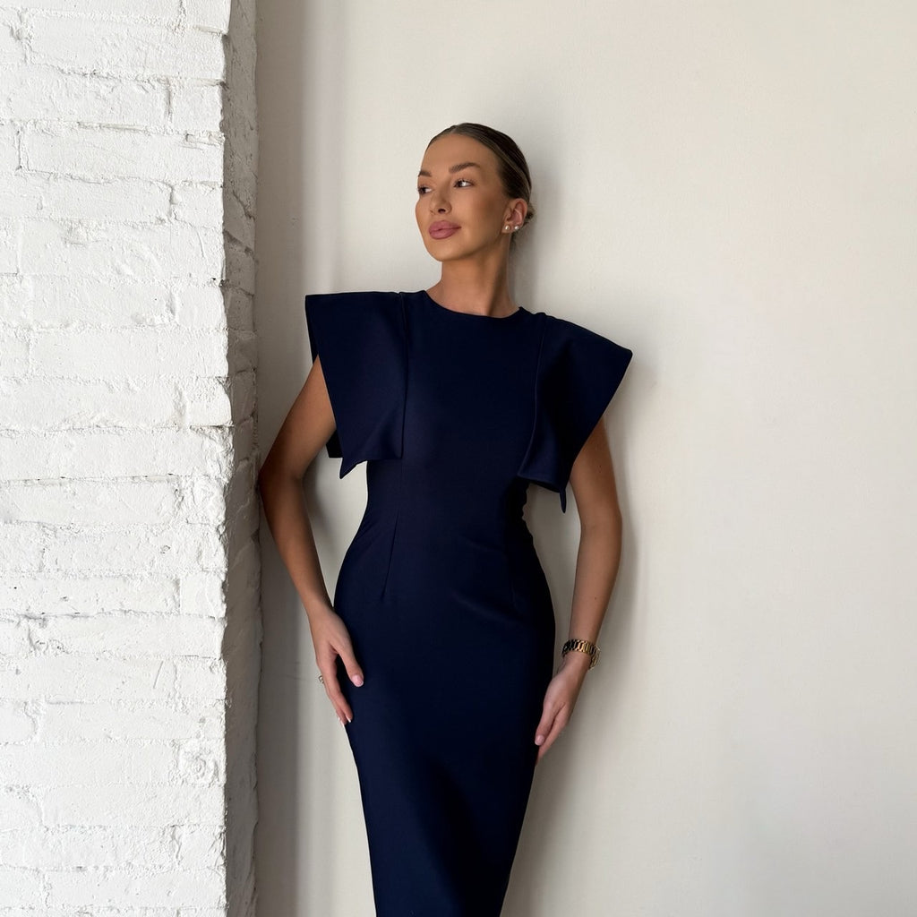 elegant navy dress with caped sleeves elegant navy dress with caped sleeves