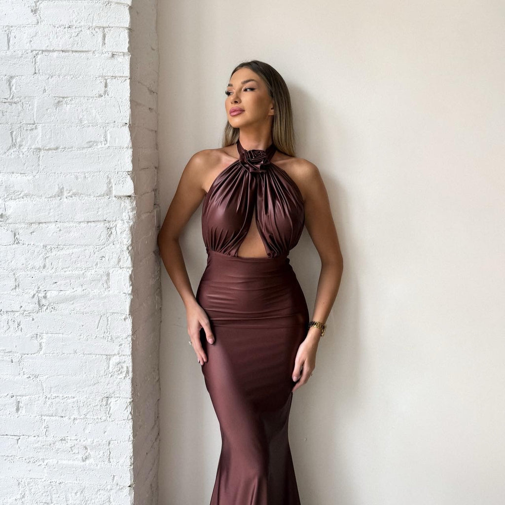 elegant brown halter neck evening gown elegant brown halter neck evening gown