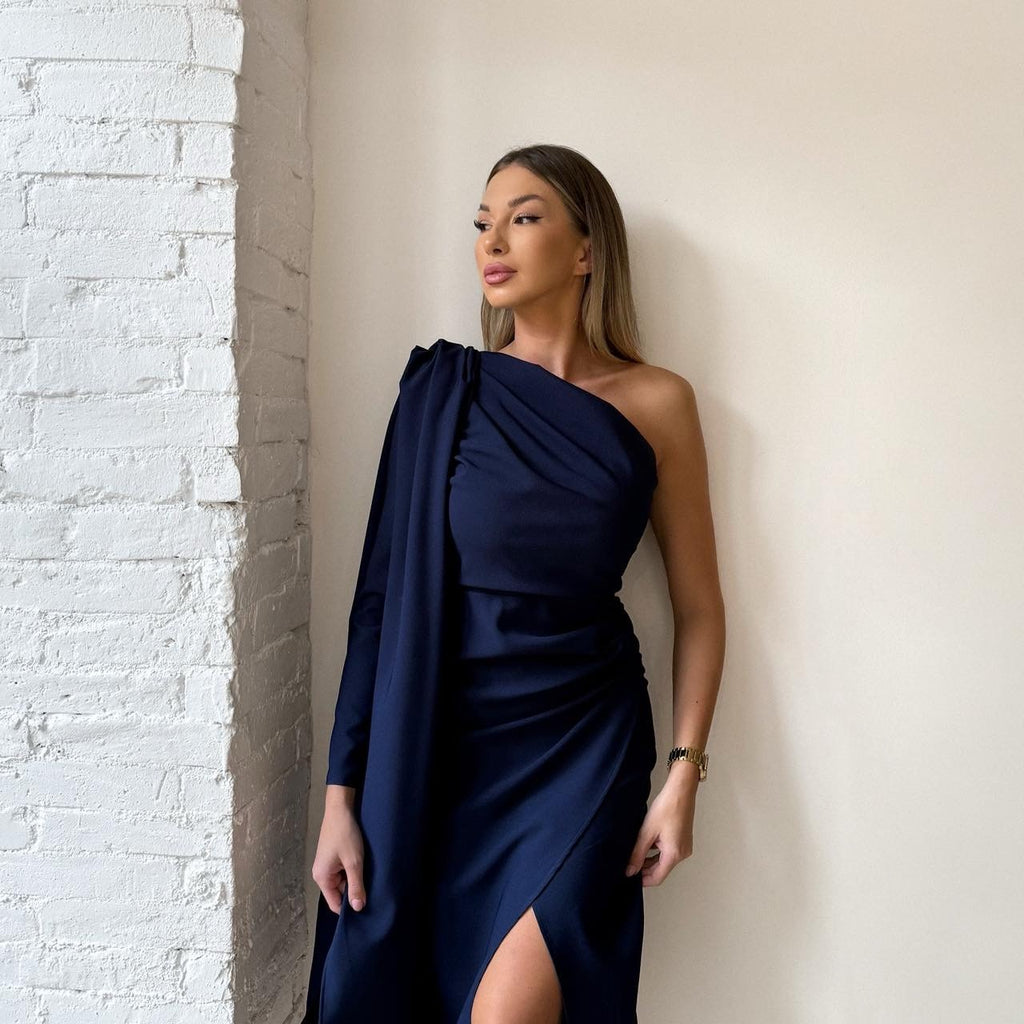 one shoulder navy dress on model one shoulder navy dress on model