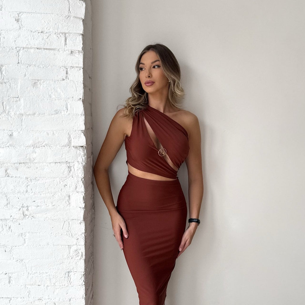 woman wearing brown one shoulder dress woman wearing brown one shoulder dress