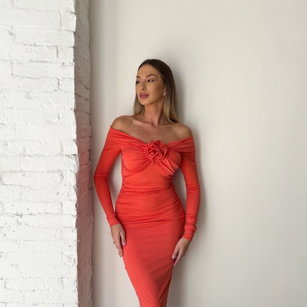 orange off the shoulder dress with rose detail orange off the shoulder dress with rose detail