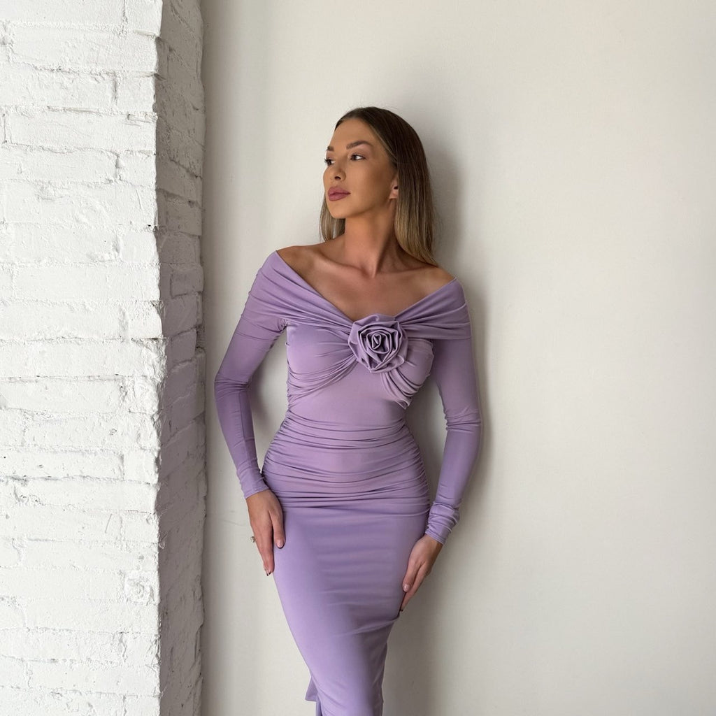 lilac off shoulder dress with floral detail lilac off shoulder dress with floral detail