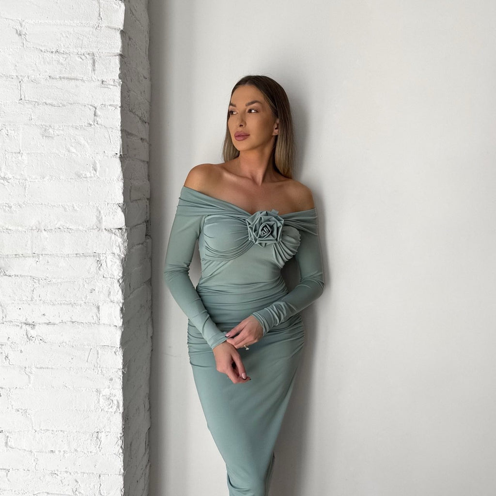 off shoulder midi dress with rose detail off shoulder midi dress with rose detail