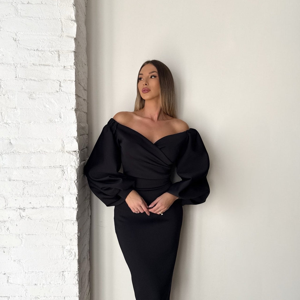 black off shoulder dress with puff sleeves black off shoulder dress with puff sleeves