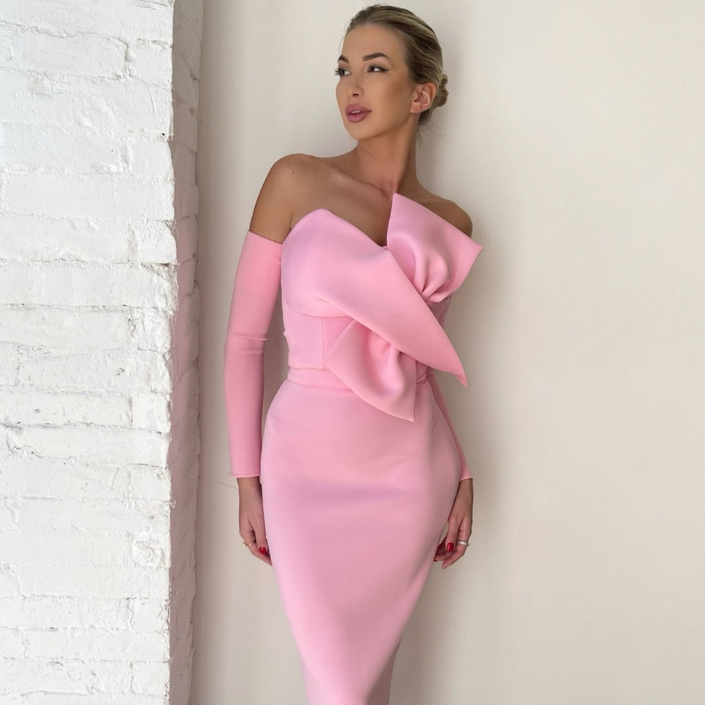 pink off shoulder dress with bow pink off shoulder dress with bow