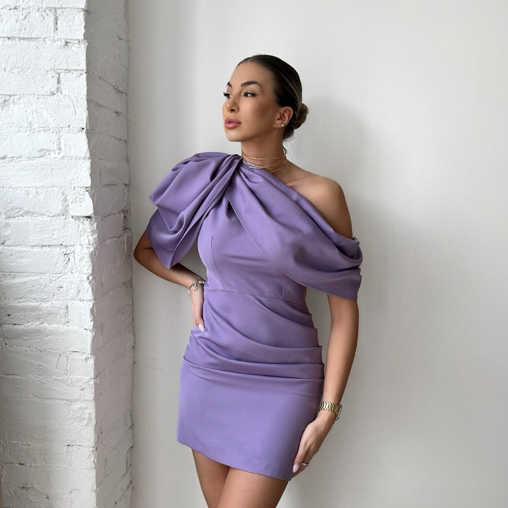 woman wearing lavender off shoulder dress woman wearing lavender off shoulder dress
