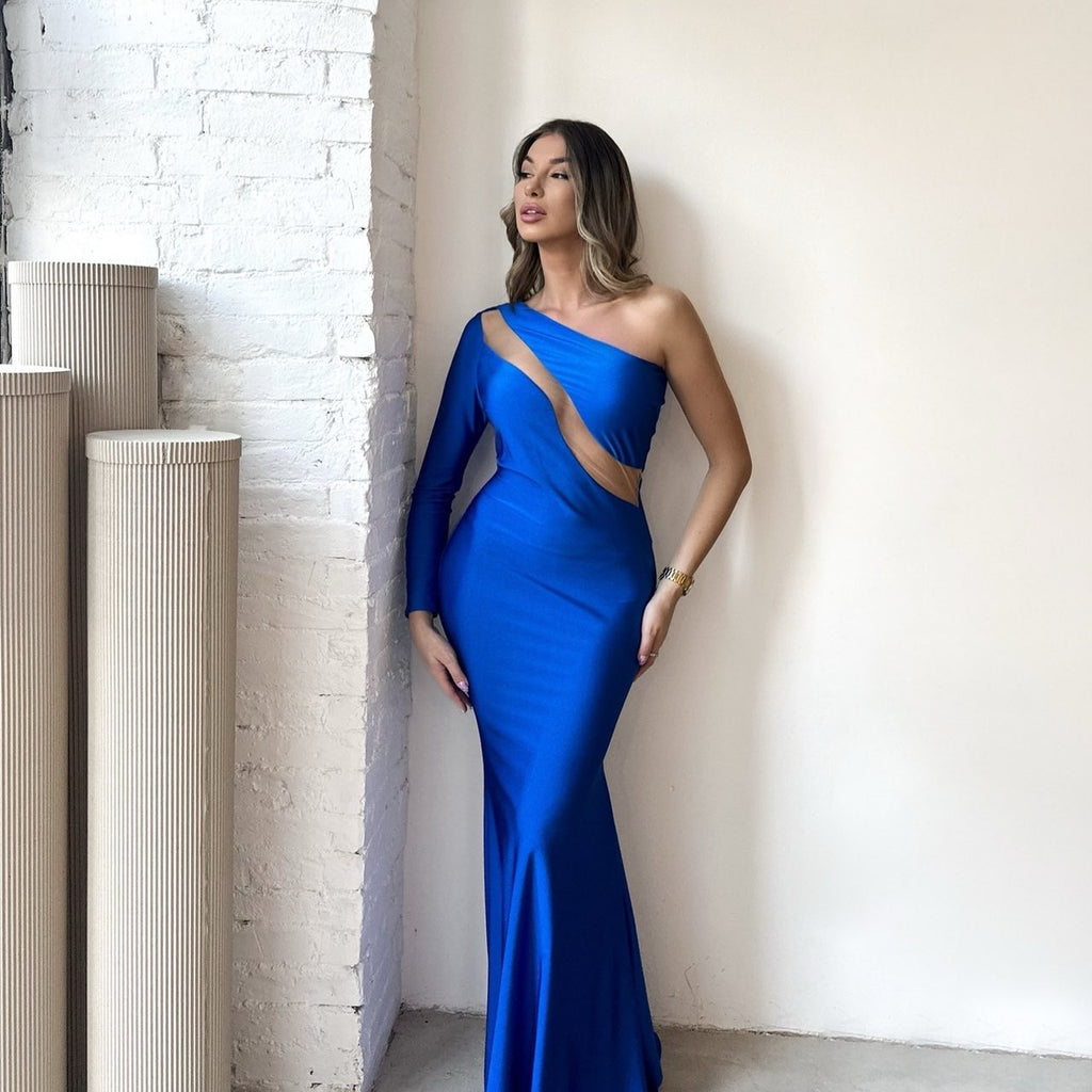 woman wearing blue one shoulder dress woman wearing blue one shoulder dress