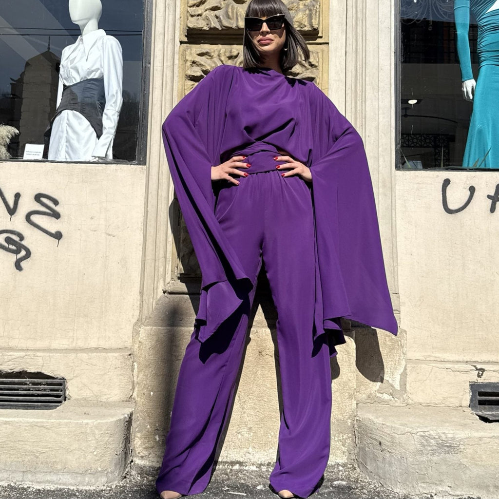 purple dress outfit with batwing sleeves purple dress outfit with batwing sleeves