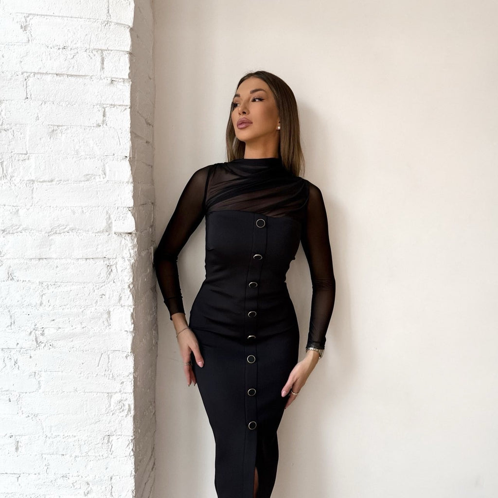 sheer black midi dress with button details sheer black midi dress with button details