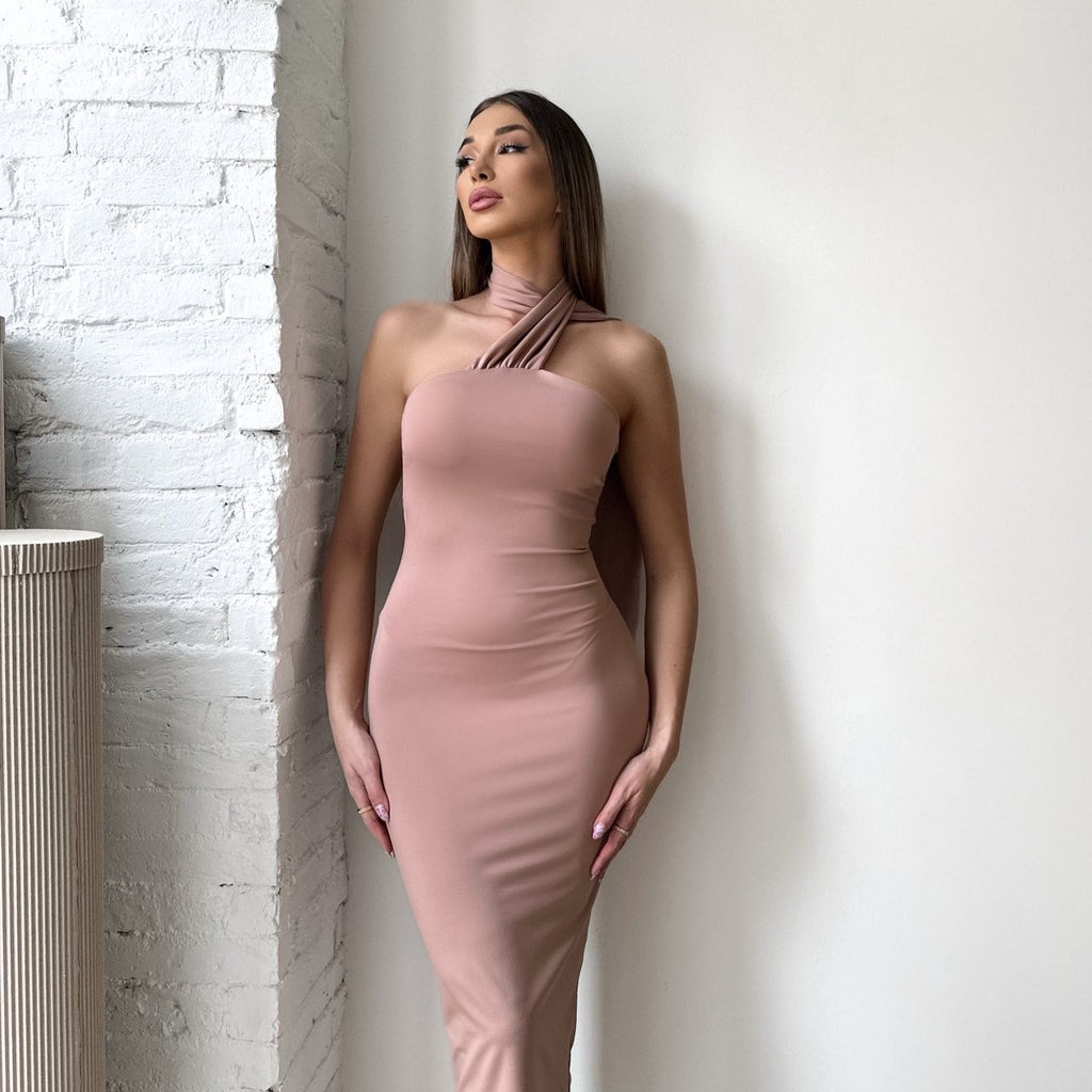 beige midi dress with halter neck design beige midi dress with halter neck design
