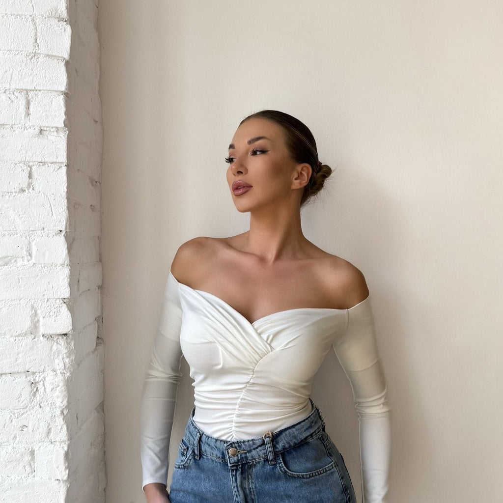 white off shoulder top and blue jeans white off shoulder top and blue jeans