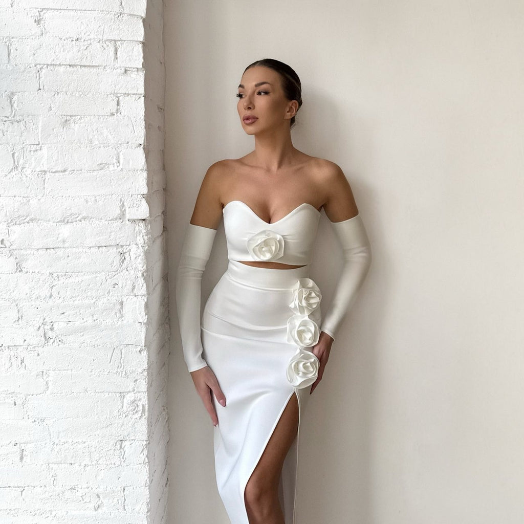 elegant white two piece dress with floral details and slit skirt elegant white two piece dress with floral details and slit skirt
