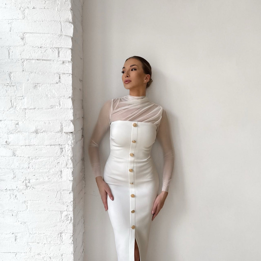 white button down bodycon dress with sheer sleeves white button down bodycon dress with sheer sleeves