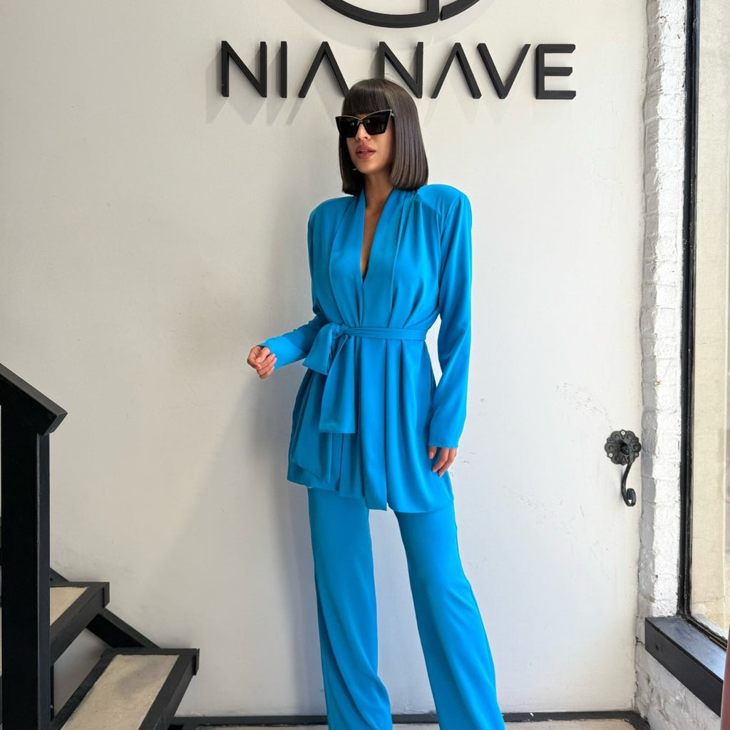 blue belted pant suit and sunglasses blue belted pant suit and sunglasses