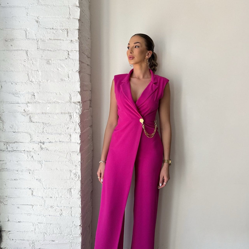 pink sleeveless jumpsuit with gold chain accessory pink sleeveless jumpsuit with gold chain accessory