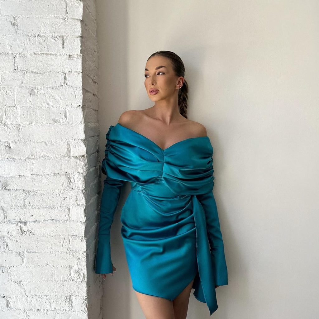 teal off shoulder satin dress teal off shoulder satin dress