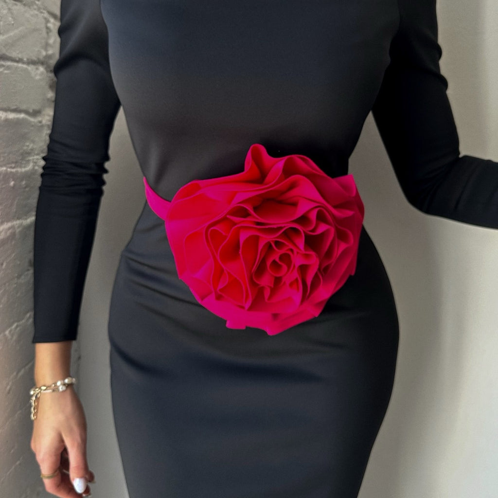 black dress with large pink flower detail black dress with large pink flower detail