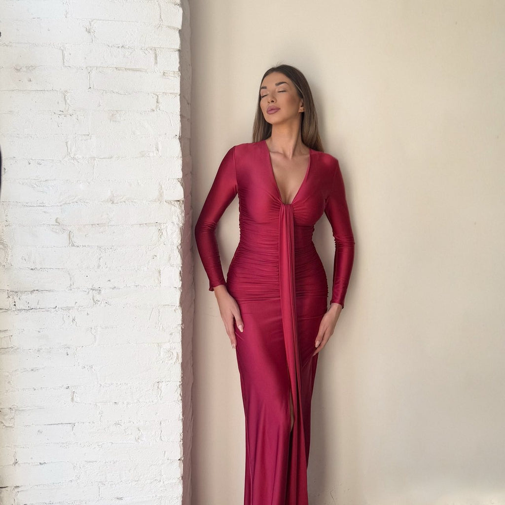 elegant red maxi dress with long sleeves elegant red maxi dress with long sleeves