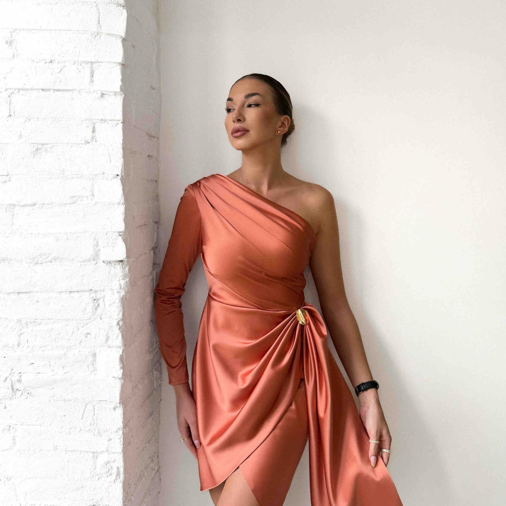 orange one shoulder dress with draped design orange one shoulder dress with draped design