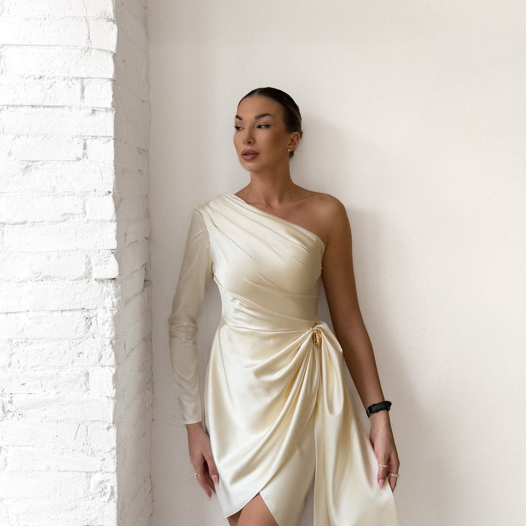 one shoulder ivory satin dress one shoulder ivory satin dress
