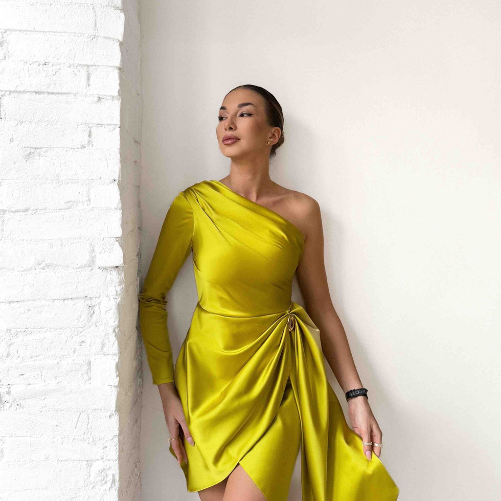 one shoulder gold dress with draped design one shoulder gold dress with draped design