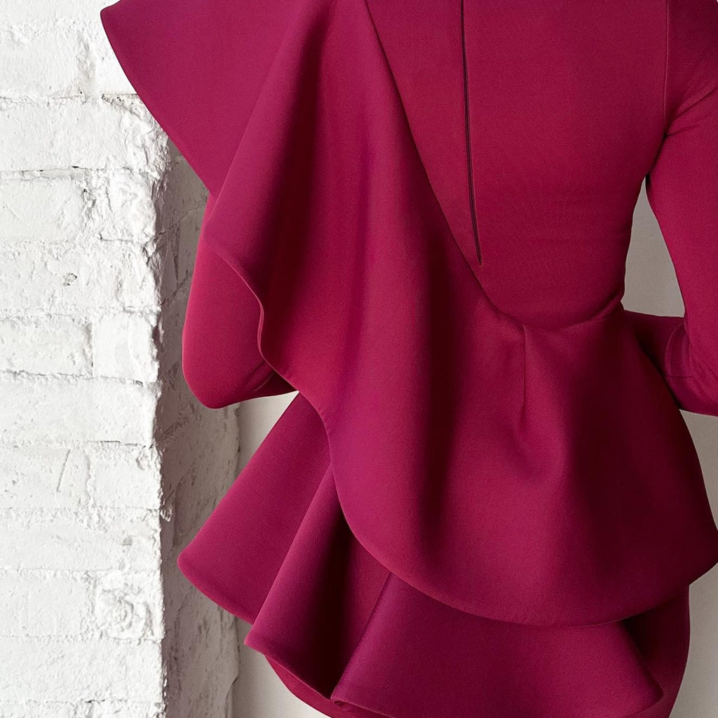 back view fuchsia ruffled dress back view fuchsia ruffled dress