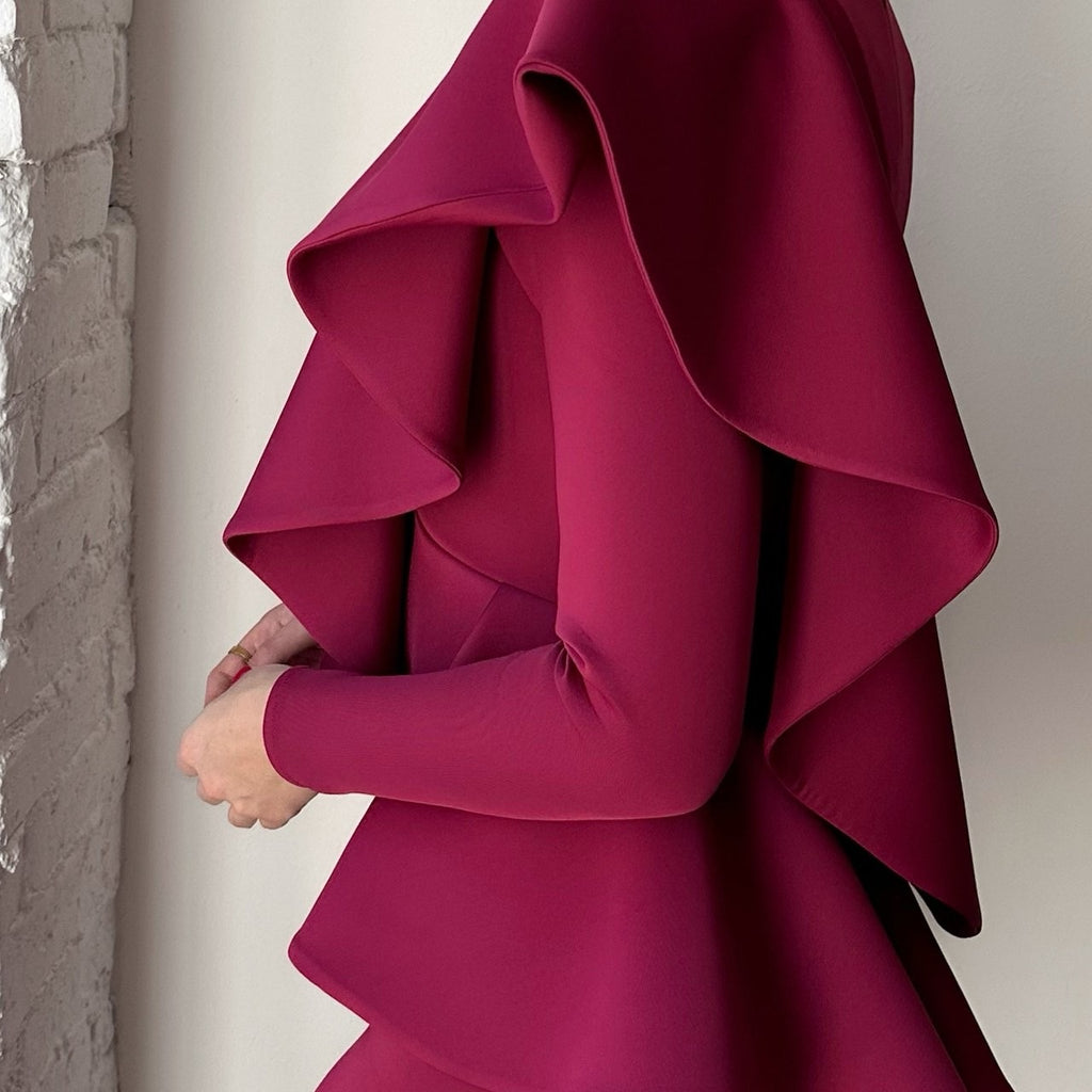 ruffle detail magenta dress sleeve backview ruffle detail magenta dress sleeve backview