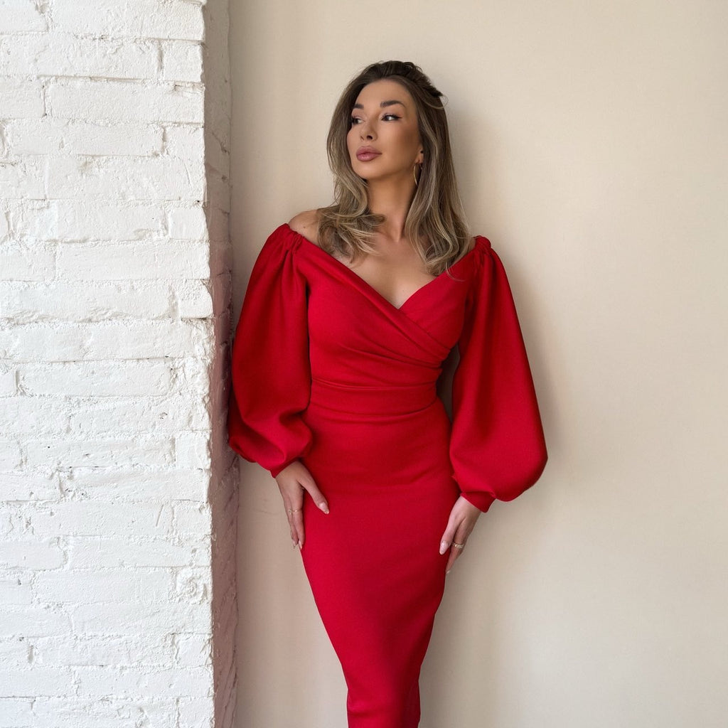 red off shoulder dress with balloon sleeves red off shoulder dress with balloon sleeves