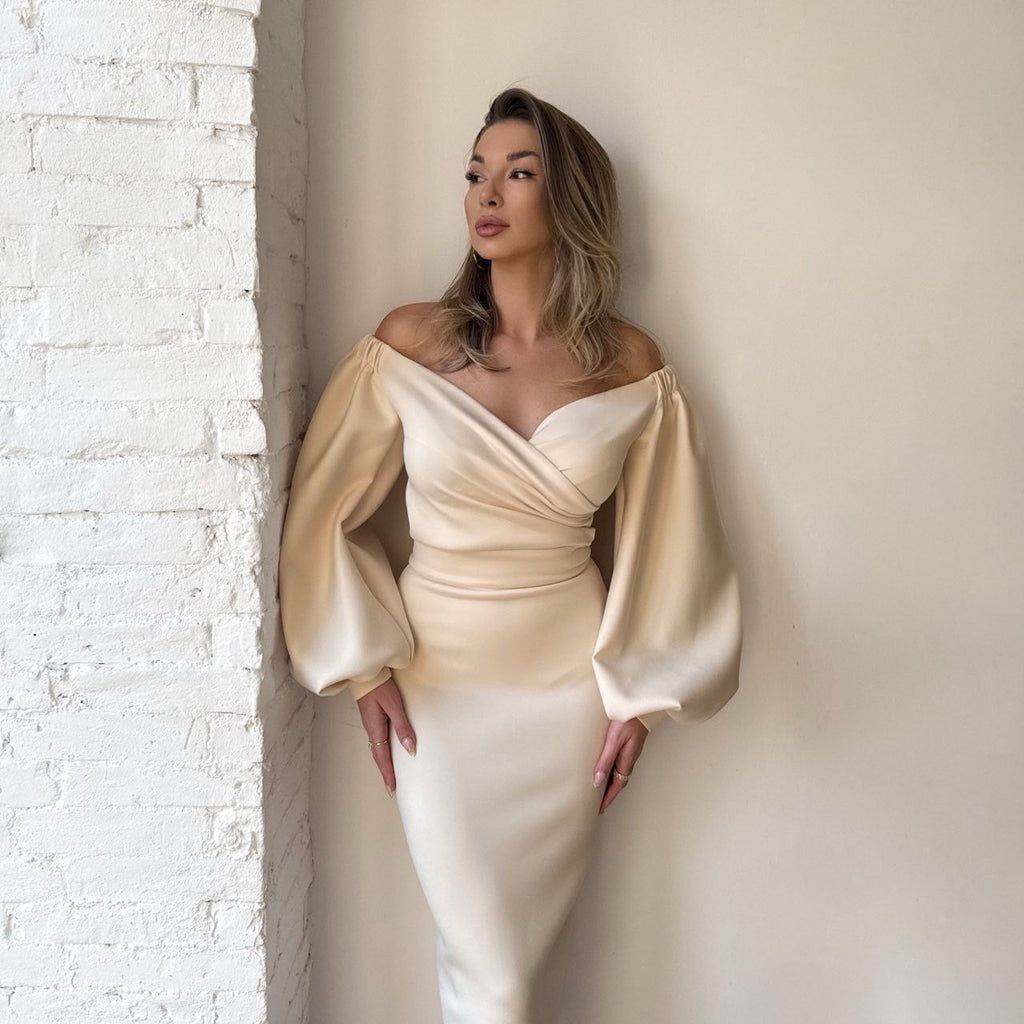 beige off shoulder satin dress with long sleeves beige off shoulder satin dress with long sleeves