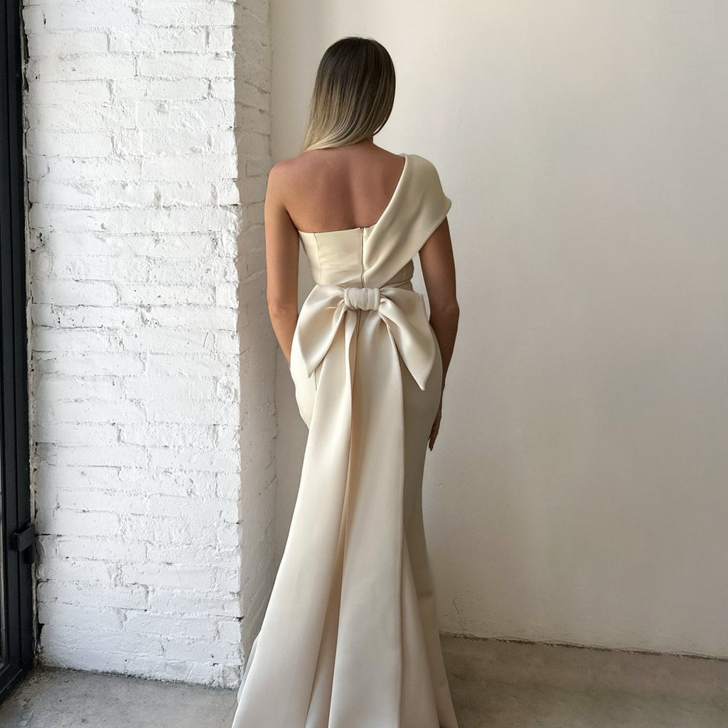 elegant ivory one shoulder dress with large bow back elegant ivory one shoulder dress with large bow back