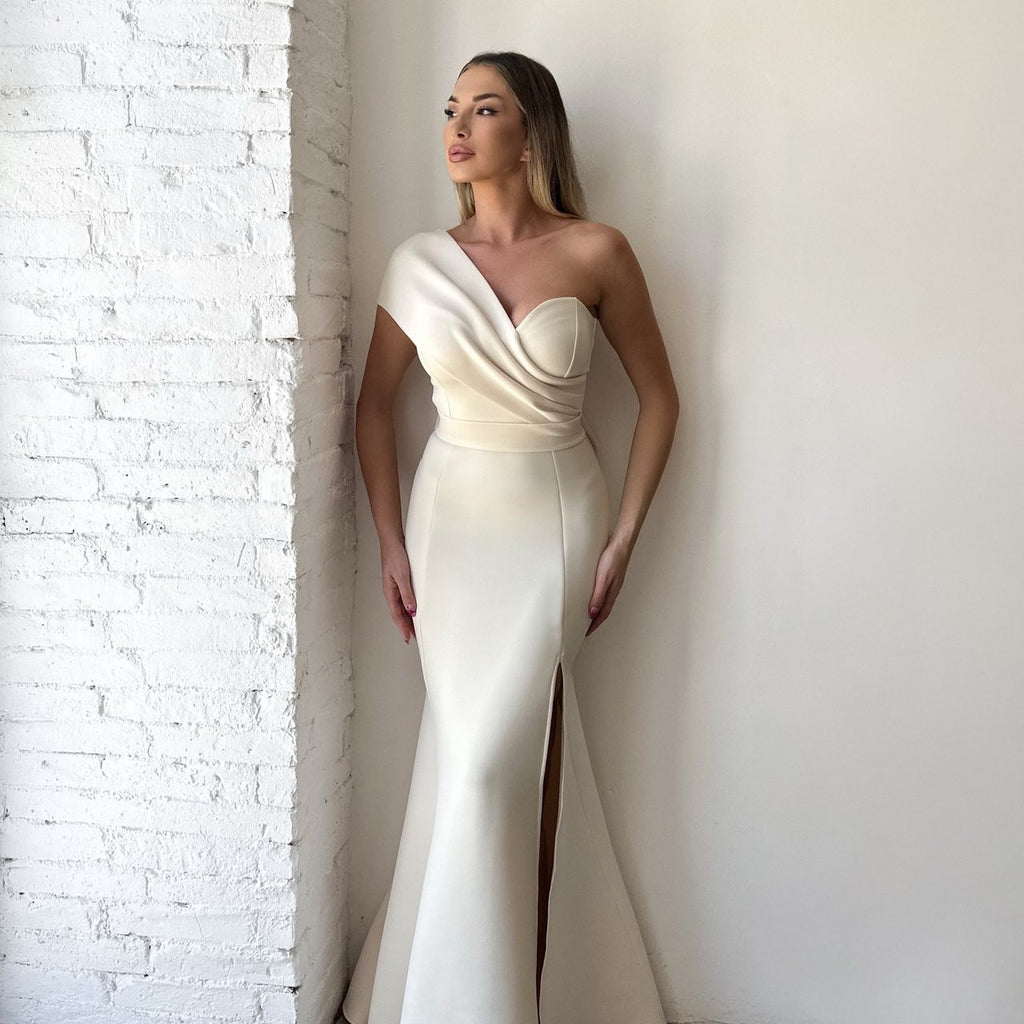 elegant one shoulder cream evening dress with high slit elegant one shoulder cream evening dress with high slit