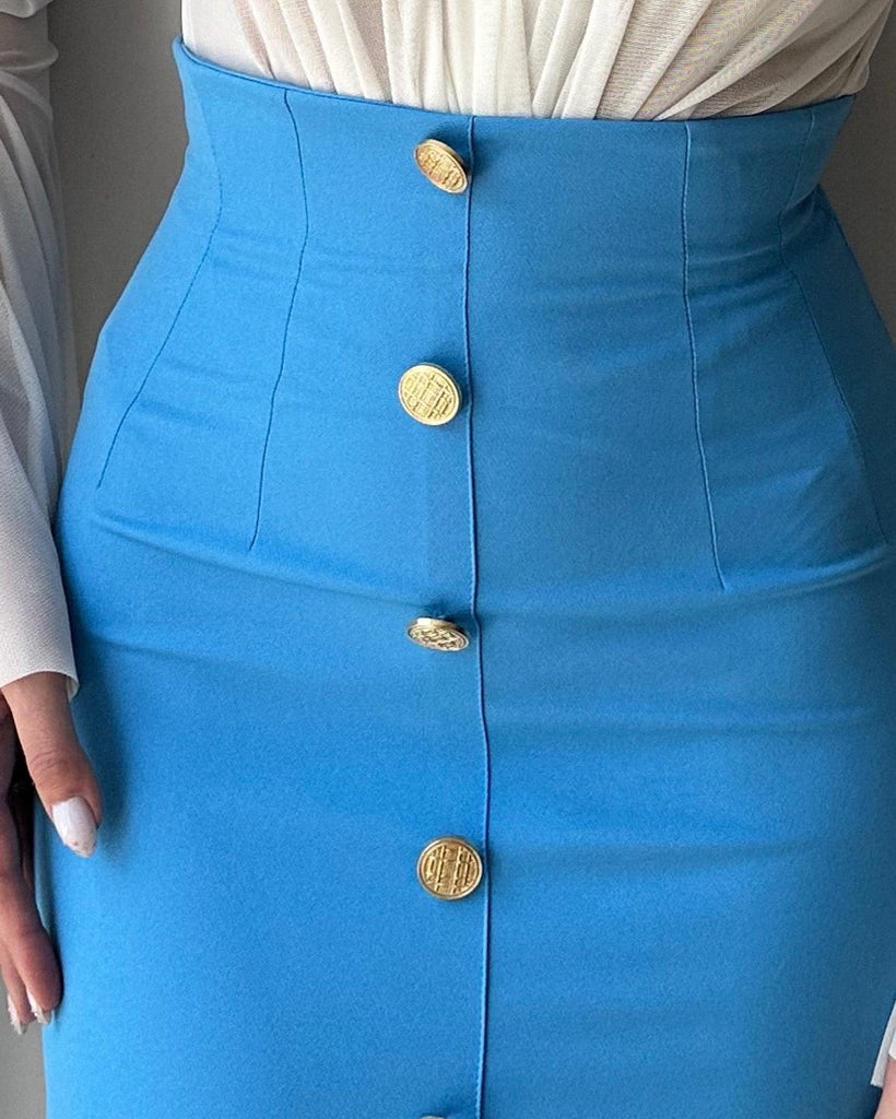 blue high waisted skirt with gold buttons blue high waisted skirt with gold buttons
