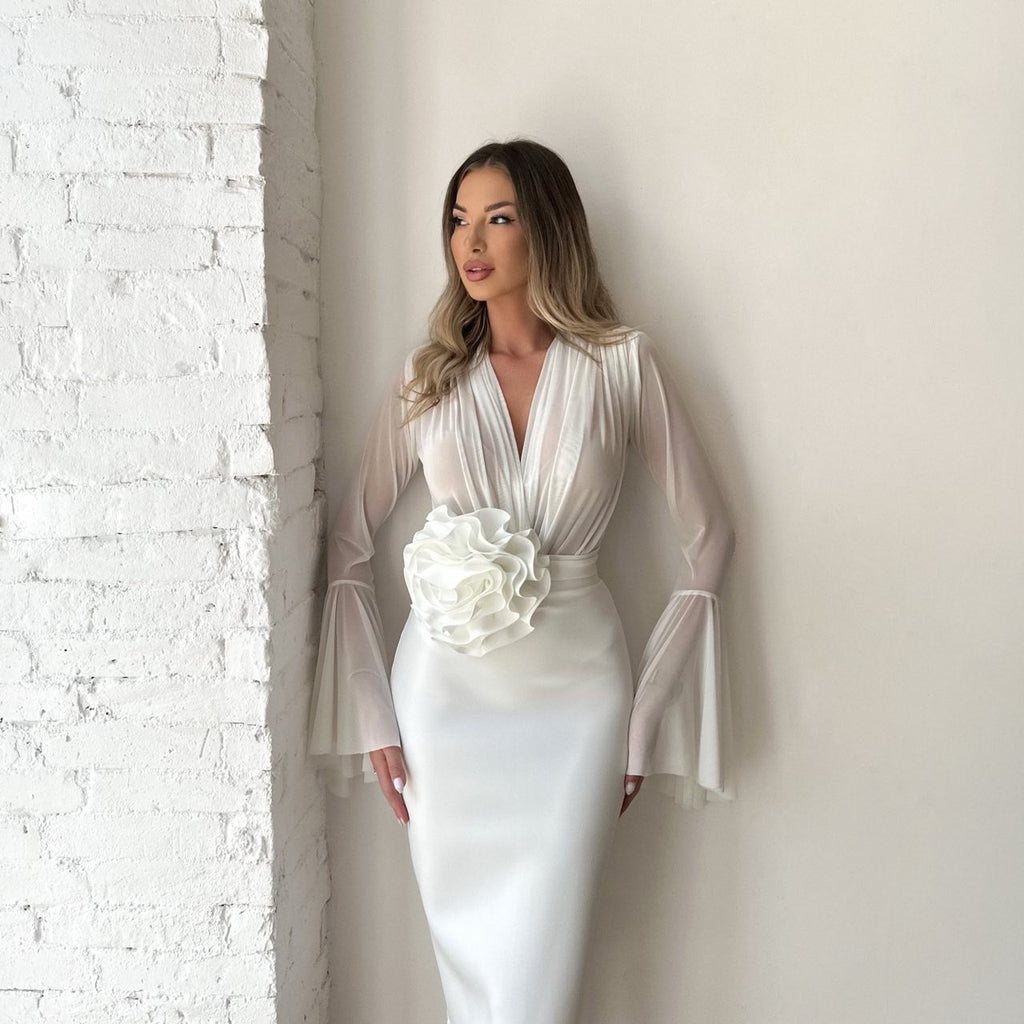 white elegant floral midi dress with bell sleeves white elegant floral midi dress with bell sleeves