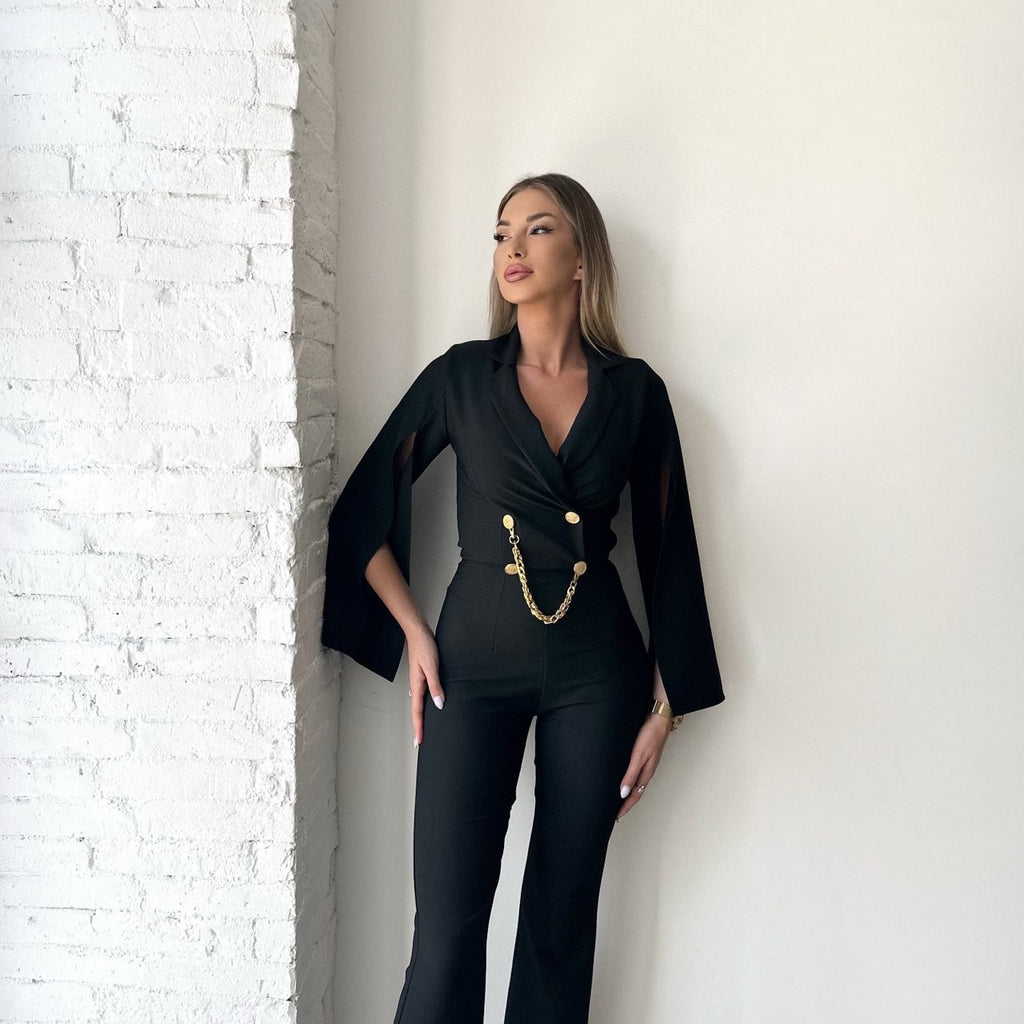 black jumpsuit with gold buttons and chain detail black jumpsuit with gold buttons and chain detail