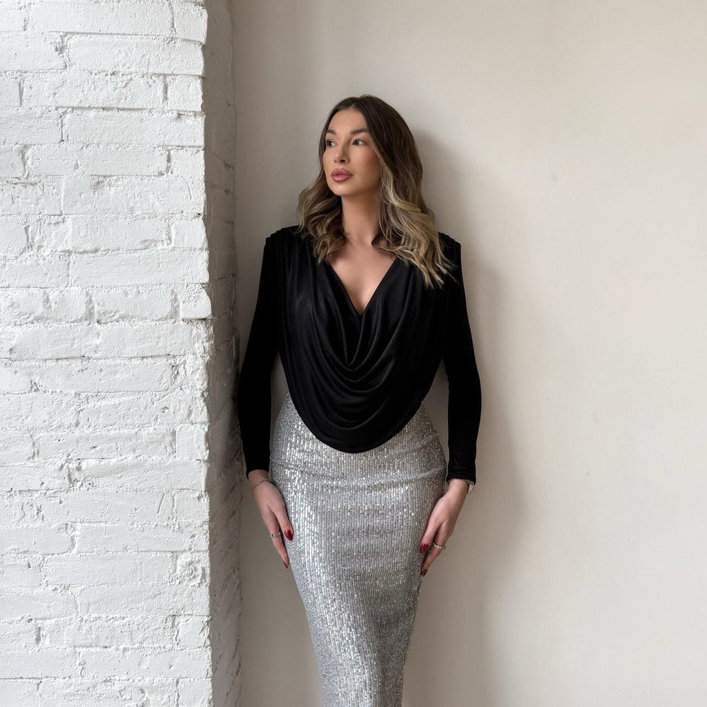 black draped top and silver sequin skirt outfit black draped top and silver sequin skirt outfit