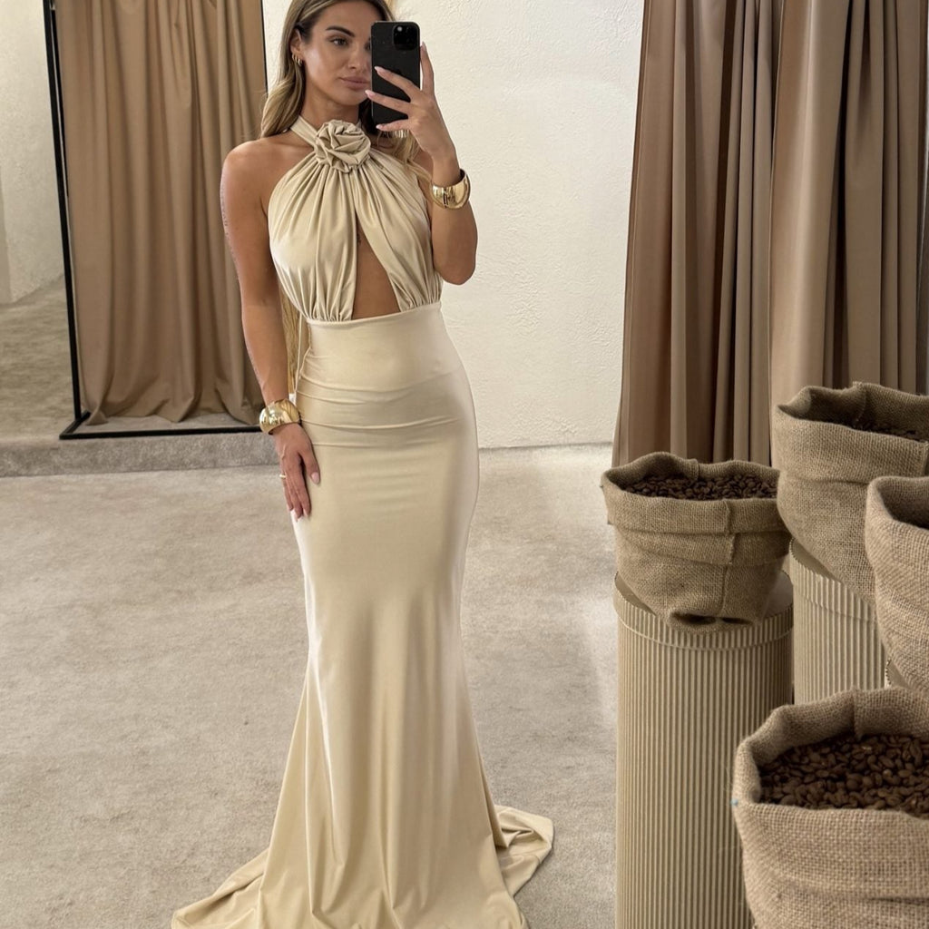 beige halter neck evening gown in boutique beige halter neck evening gown in boutique