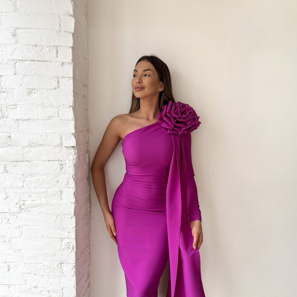 one shoulder pink dress with large floral detail one shoulder pink dress with large floral detail