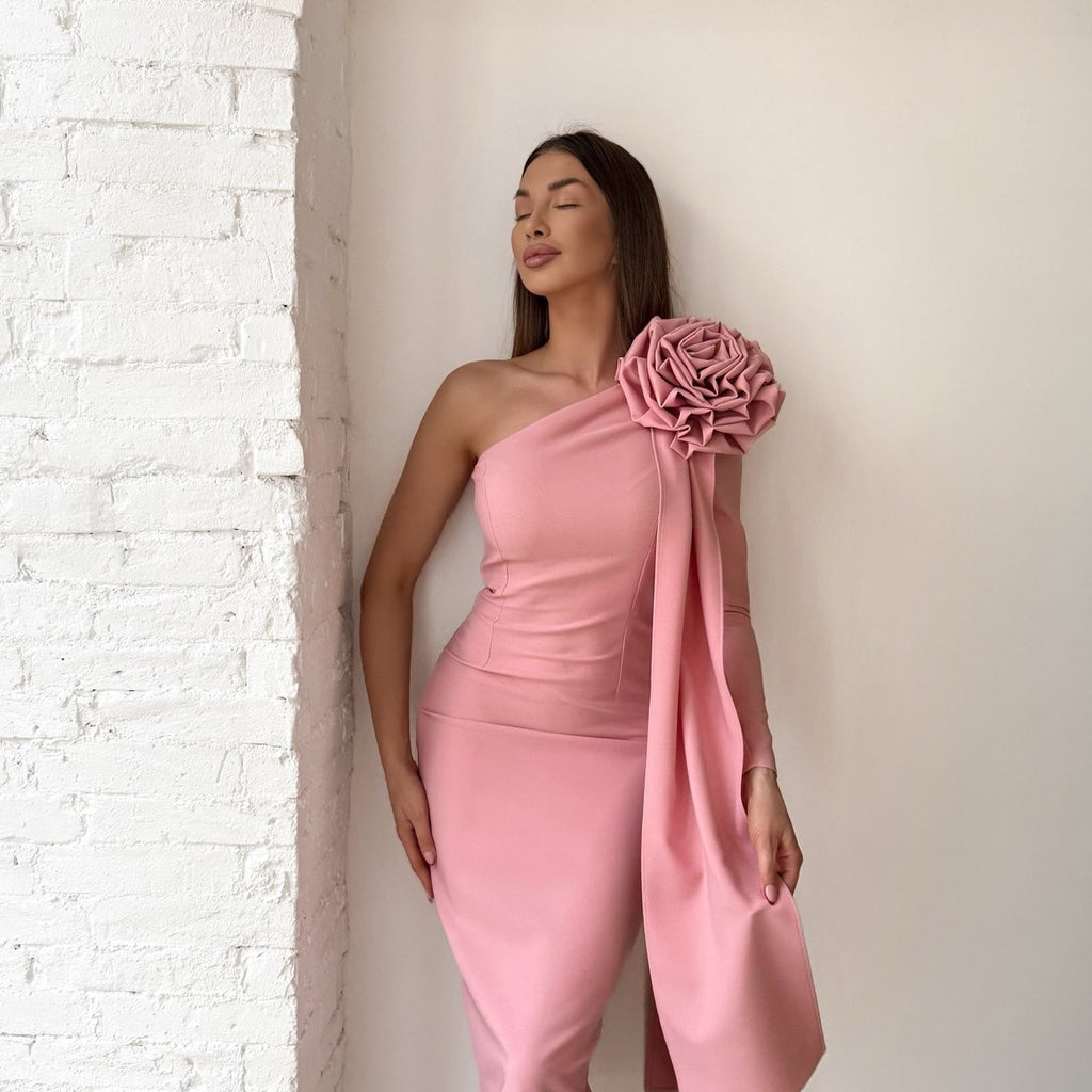 one shoulder pink dress with floral accent one shoulder pink dress with floral accent