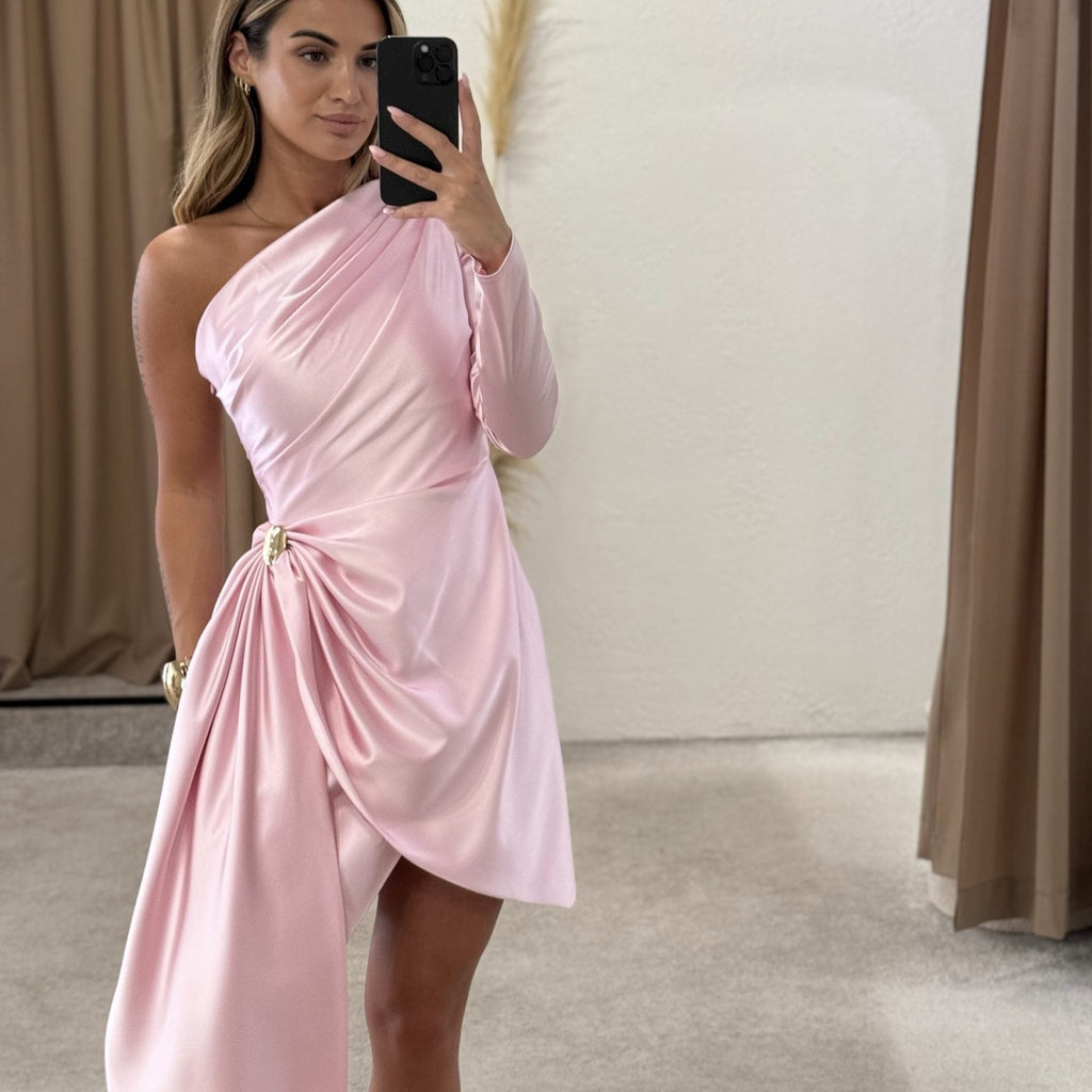 woman wearing pink one shoulder satin dress woman wearing pink one shoulder satin dress