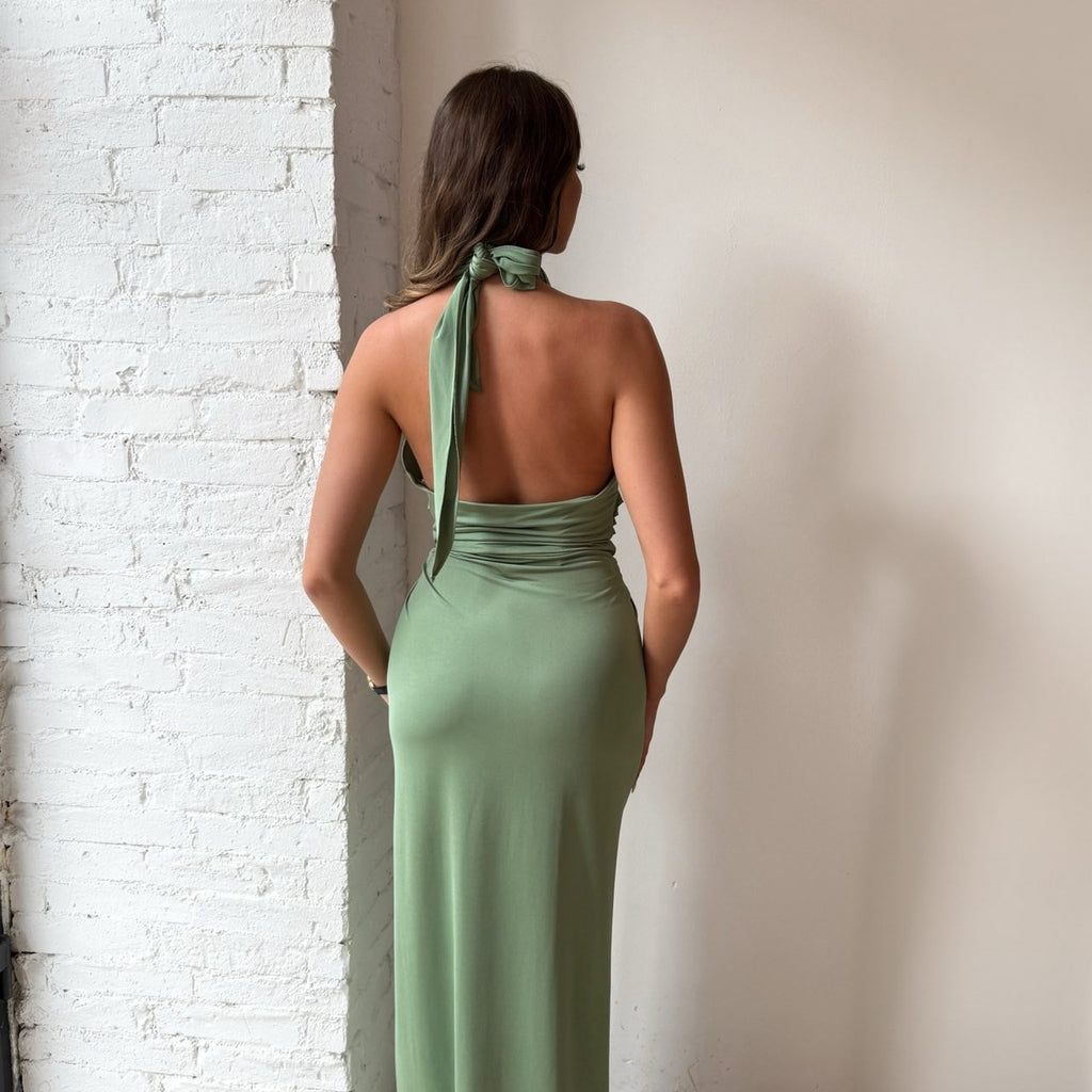 green halter maxi dress back view green halter maxi dress back view