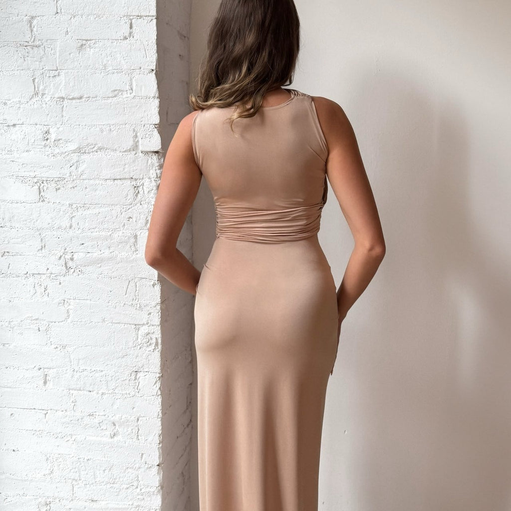 beige sleeveless maxi dress back view beige sleeveless maxi dress back view