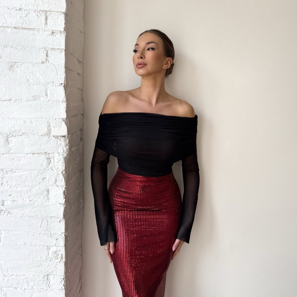 black off shoulder top with red sequined skirt black off shoulder top with red sequined skirt