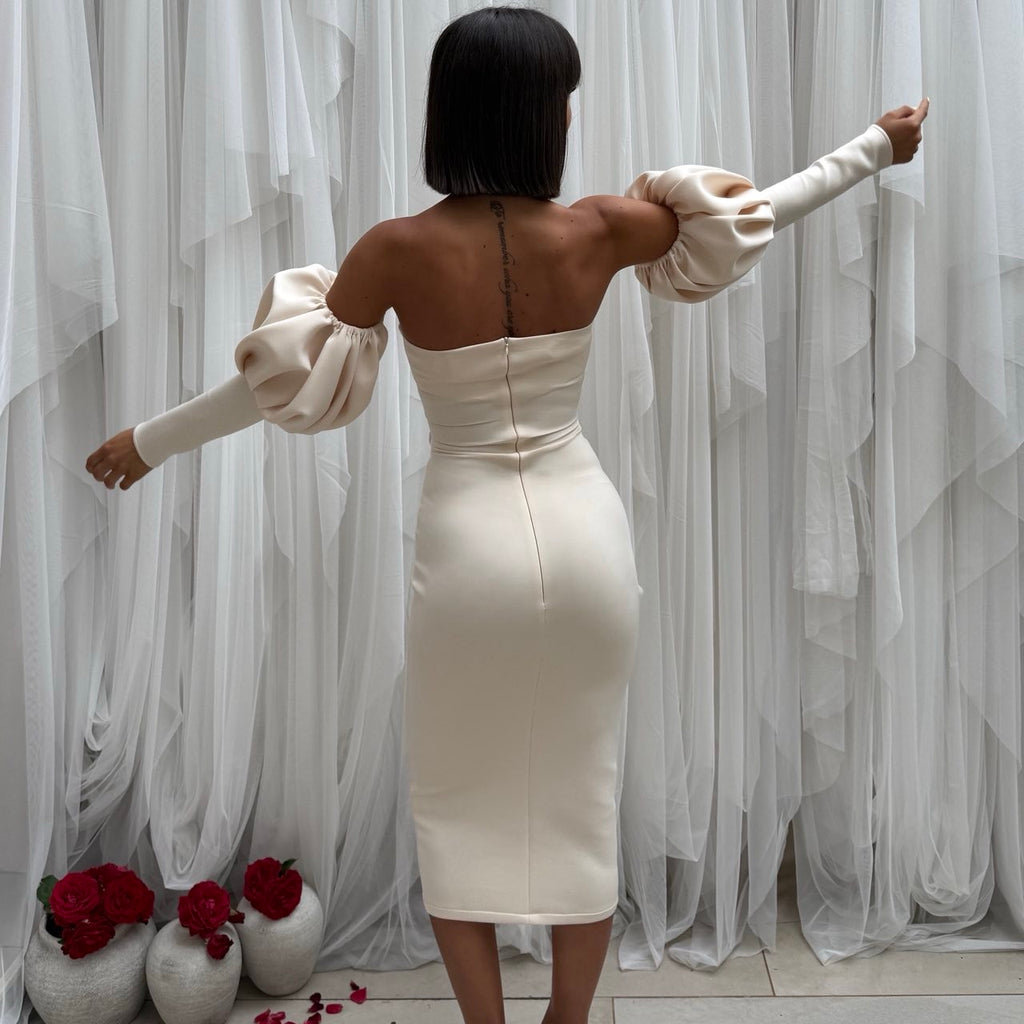 strapless cream dress with puff sleeves and red roses strapless cream dress with puff sleeves and red roses