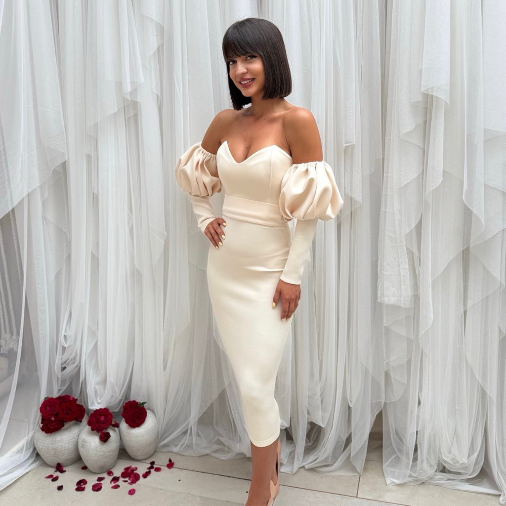 elegant off shoulder cocktail dress with puff sleeves and cream fabric elegant off shoulder cocktail dress with puff sleeves and cream fabric