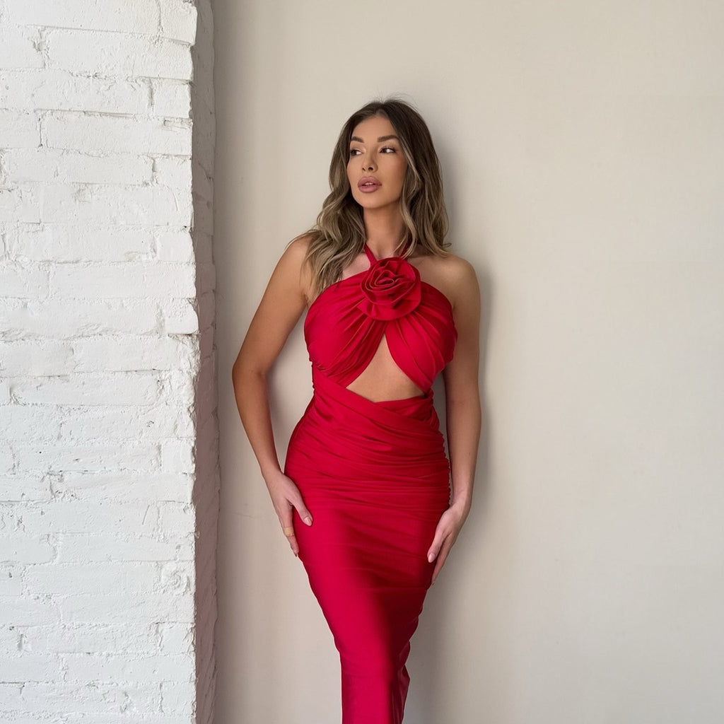 red rose embellished dress with cutout design red rose embellished dress with cutout design