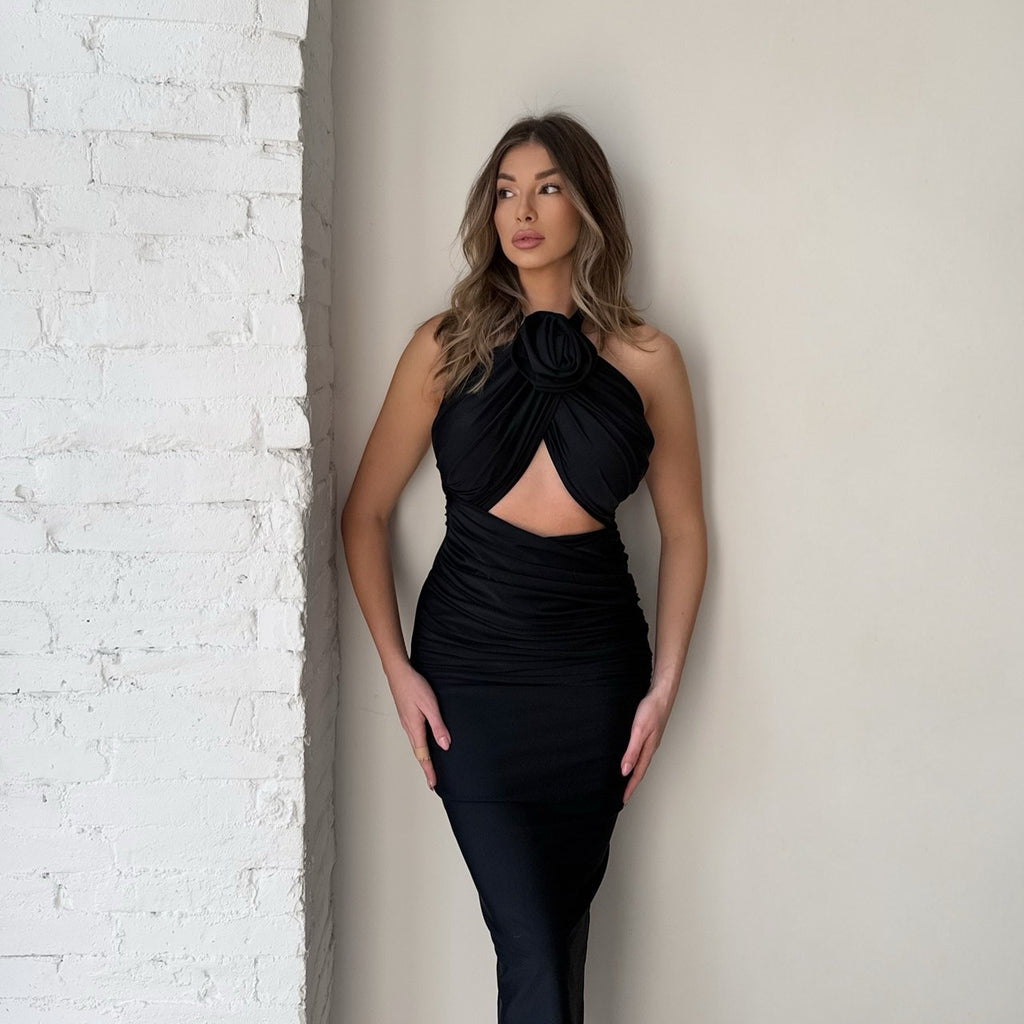 black sleeveless midi dress with floral detail black sleeveless midi dress with floral detail