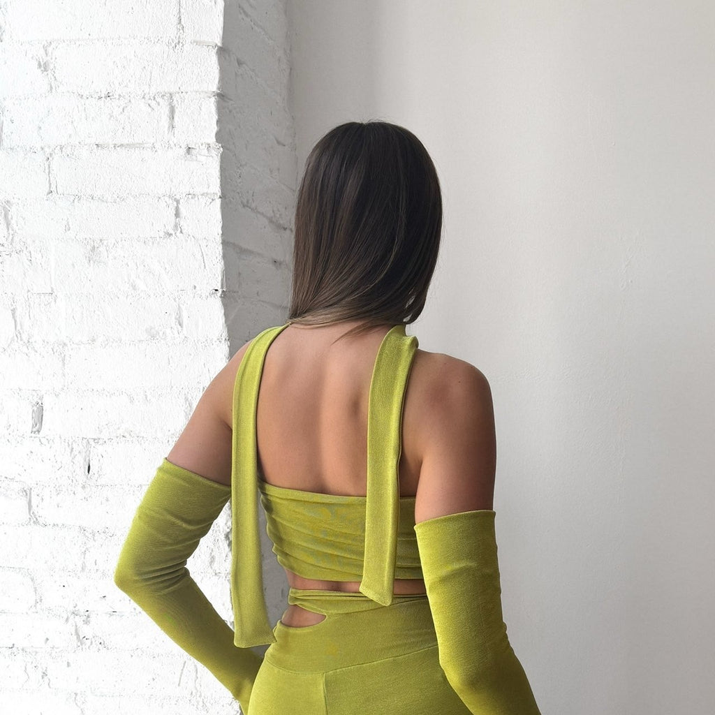 green open back dress with long gloves green open back dress with long gloves
