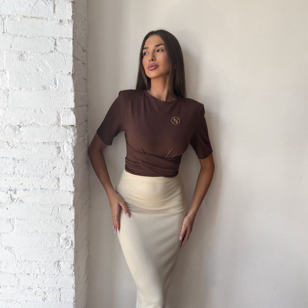 long sleeve brown top with beige midi skirt long sleeve brown top with beige midi skirt